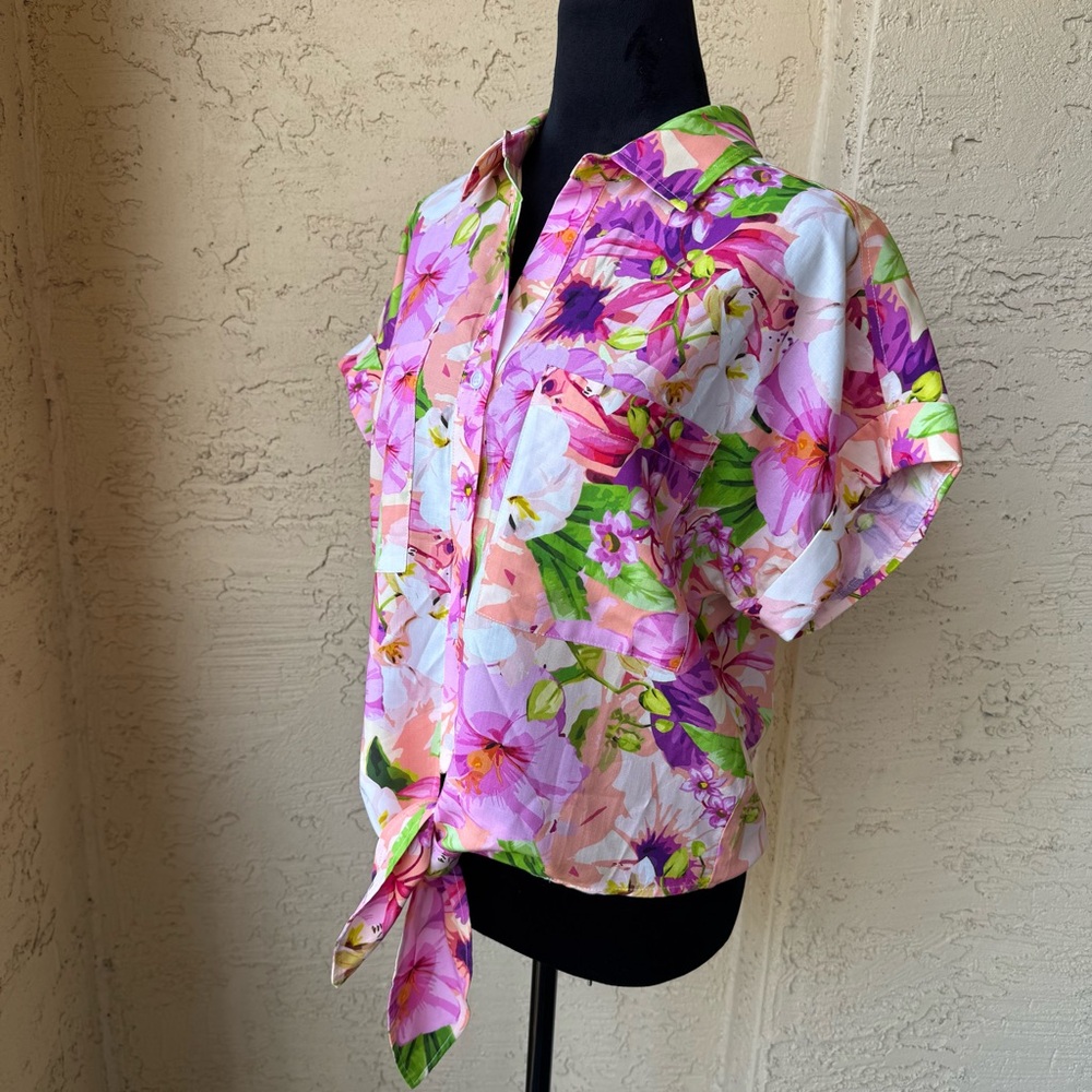 Boston Proper Cabo Fleurs Print Shirt Sz M Multicolor Versatile Short Sleeve - Picture 6 of 12